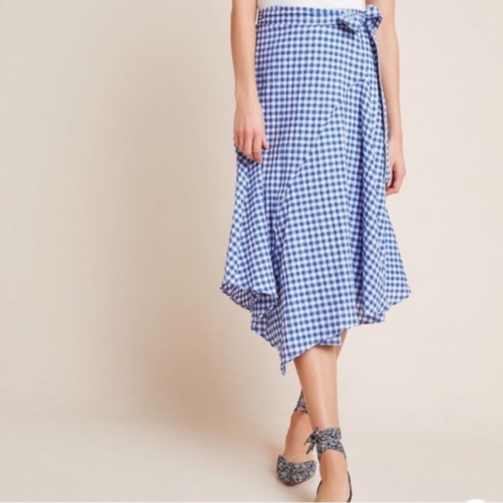 Anthropologie Size 2 Blue White Maeve Glenna Gingham Midi Skirt